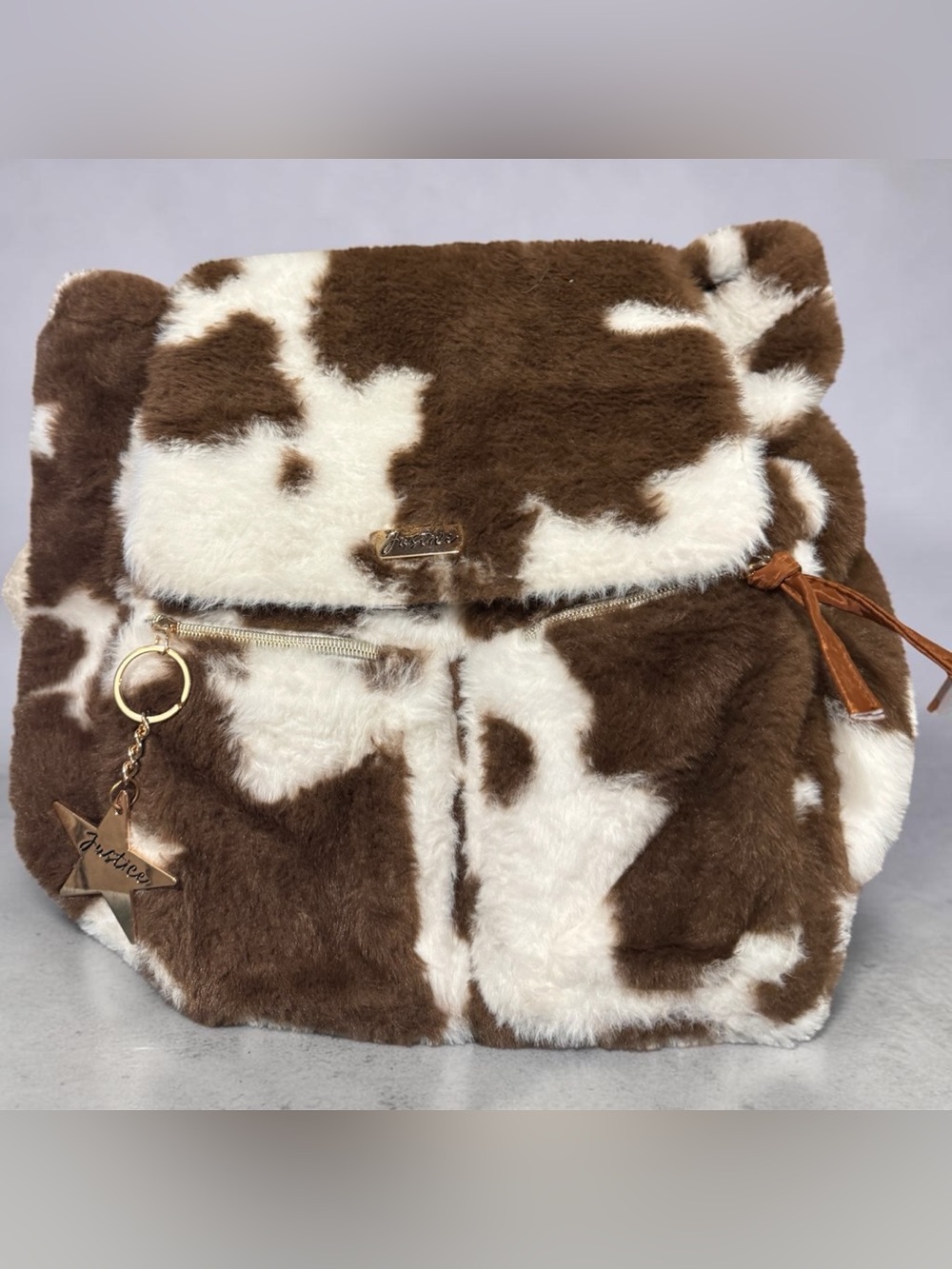 Justice Brown & White Faux Fur Cowprint Backpack